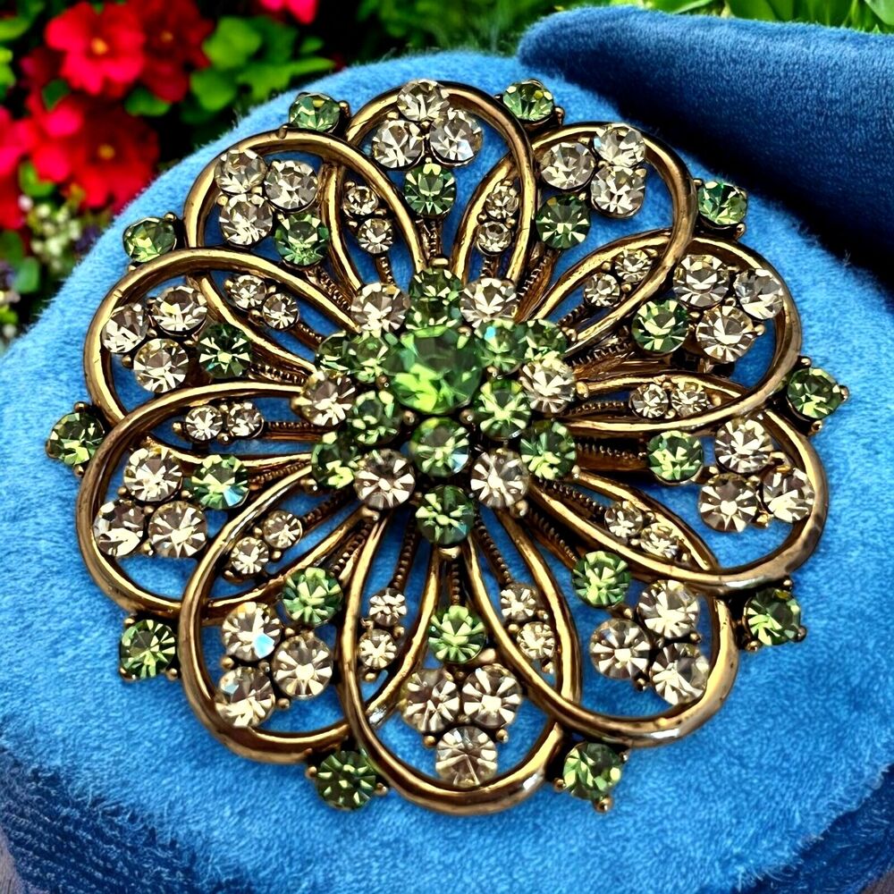 Vintage 1960s Floral Brooch Pendant Gold Tone Crystal Statement - 12S